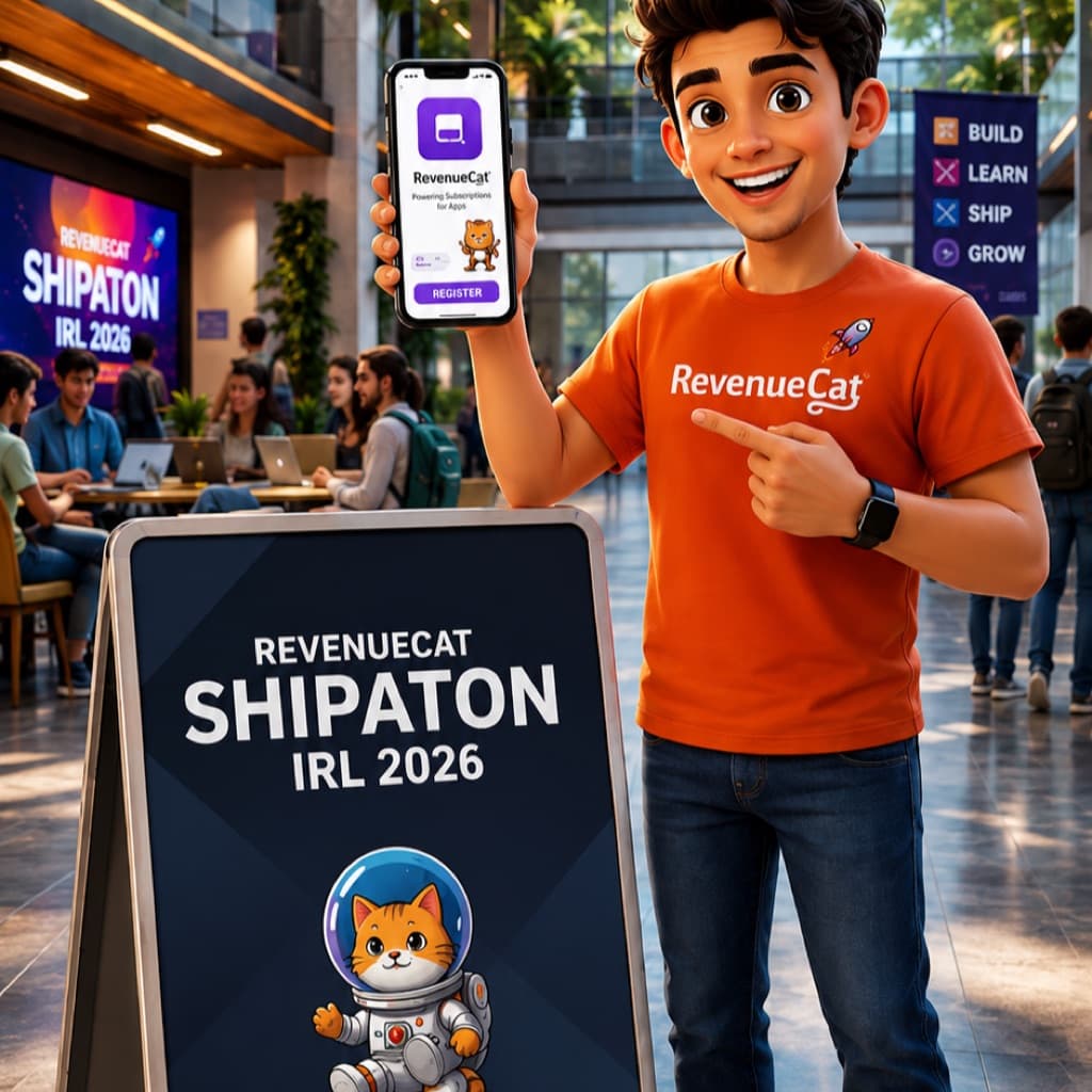Shipaton IRL 2026 artwork showing a student with a RevenueCat Shipaton sign on a university campus.