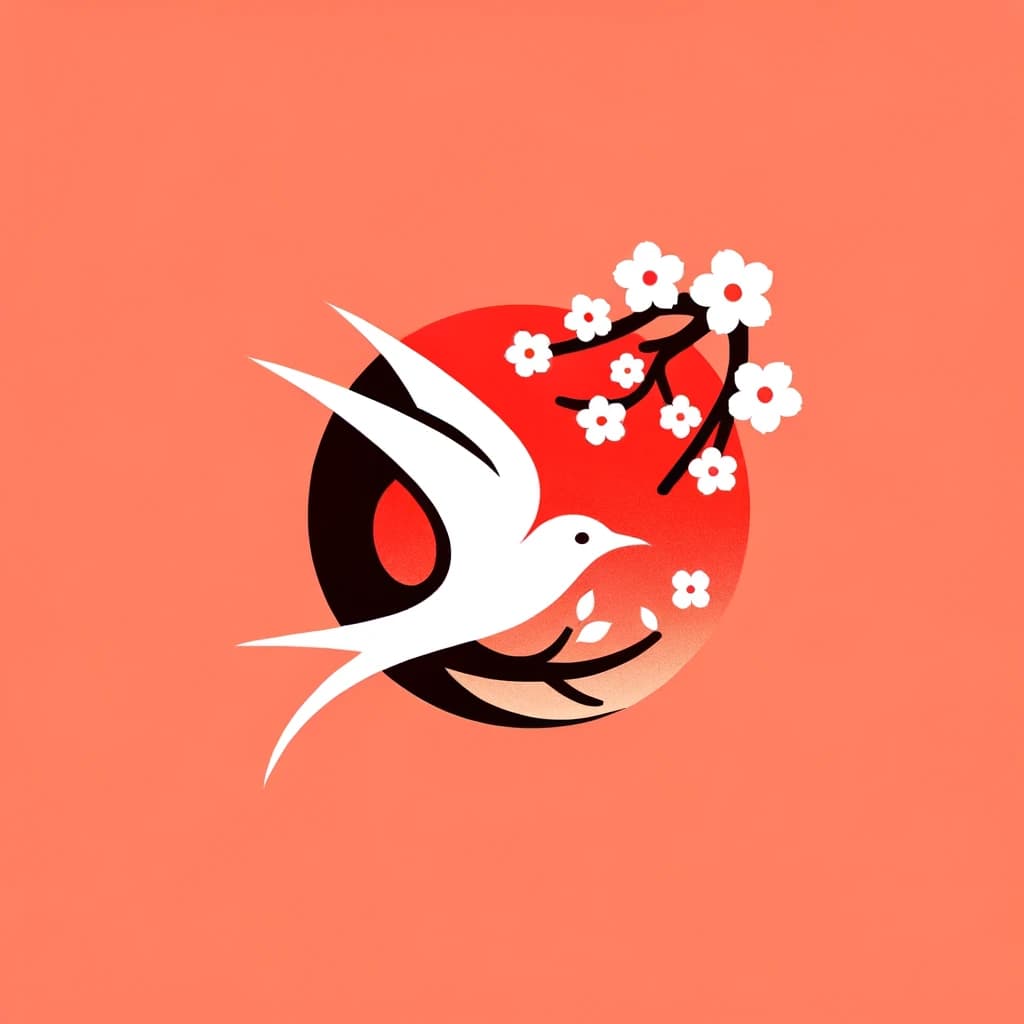White Swift bird flying past plum blossoms against a red sun.